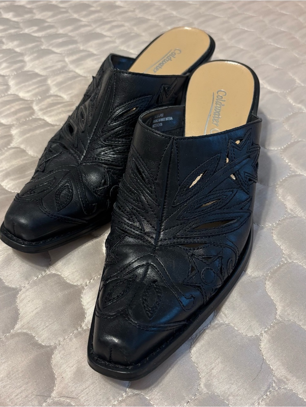 Coldwater Creek Black Leather Western Mule Heels | Embroidered | Size 7